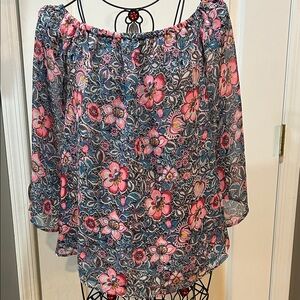 Express Floral Sheer Blouse - Pink and Blue
